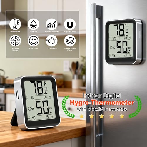Antonki Indoor Thermometer Hygrometer, Max Min Records, w/Battery | Real-time comfort indicator, 5s refresh, Easy To View, Magnetic/Stand, °F/°C switch for home, office, nursery, greenhouse