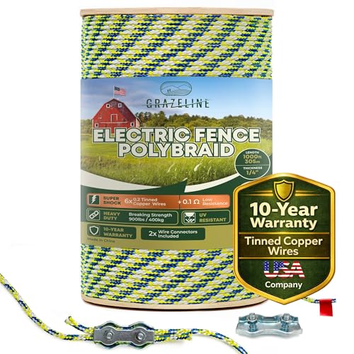 Electric Fence Polybraid 1/4" Rope 1000Ft - 6 Tinned Copper Strands | 900lb Strength Superior Shock Heavy Duty Braided Polyrope - Premium Horse Wire Fencing Highly Visible - UV Rust Resistant - size: 1000 ft