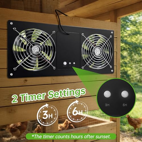 Solar Fan for Chicken Coop, ropelux Solar Powered Dual Exhaust Fans with 18000mAh Battery & 2 Timers, 24/7 Strong Airflow Cooling Ventilation for Greenhouses, Dog Houses, Attics, Sheds, Cabins - size: Dual-Fan
