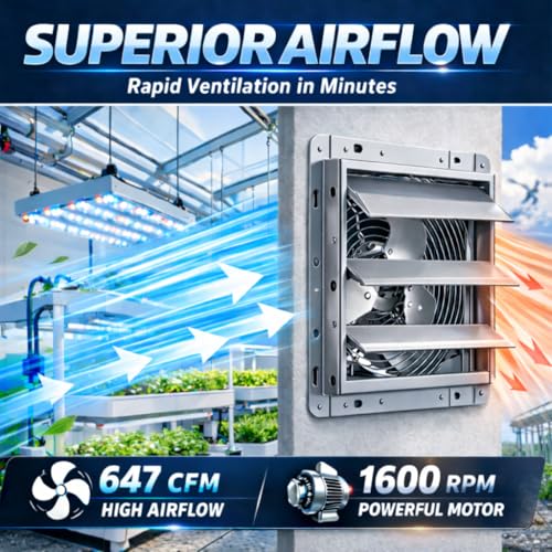 Hon&Guan 10 Inch Shutter Exhaust Fan with Stepless Speed Controller, 647 CFM High Airflow, 1600 RPM Wall Vent Fan, Automatic Gravity Shutters, Easy Install for Garage, Shed & Greenhouse, Gunmetal Gray - color: Gray, size: 10 Inch