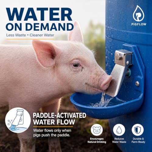 Threehoney Automatic Gravity-fed Pig Waterer for Show Pig & Farm Supplies | Cast Aluminum Water Bowl for Hog Sow & Livestock Animals, Bucket or Barrel Mount Watering System, Reduce Daily Animal Chores