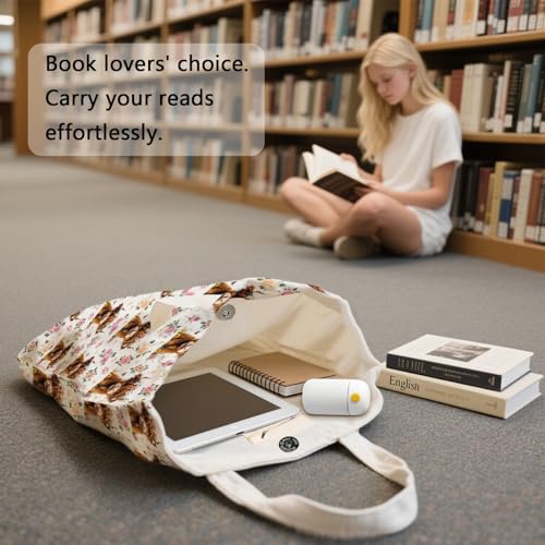 Aesthetic Canvas Tote Bag for Women - with Magnetic Snap Closure & Zipper Inner Pocket Reusable Totes Bag - color: Cow1