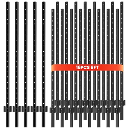 16 Pack Metal Fence Posts,6 FT Garden Fence Post,T Post for Wire Fence, No Dig Steel U Post Fencing，Black Garden Stakes for Temporary Fencing, Electric Fence Wire, Corner Anchor - size: 6ft-16PCS