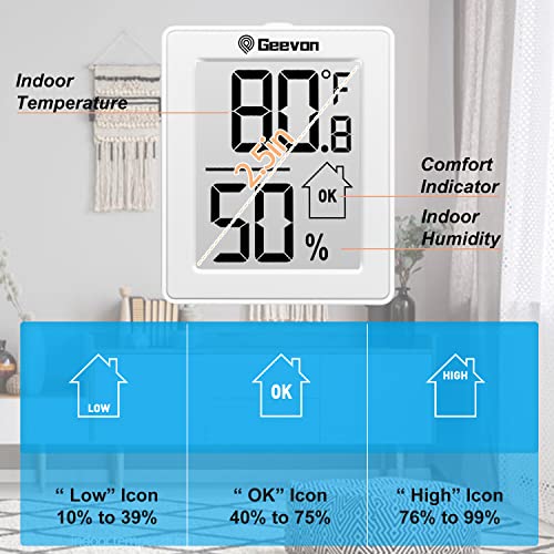 Indoor Thermometer 3Pcs with Battery Magnetic Stand Digital Humidity Gauge | Geevon Black Mini Room Hygrometer Small Temperature Monitor Desktop Wall Mount Bracket for Room Home Office Fridge Car Den