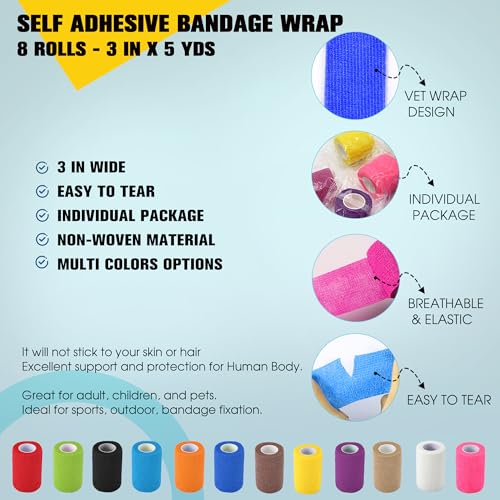 8 Pack Self Adhesive Bandage Wrap, 3 in x 5 Yards Vet Wrap Tape, Mix Colors | Non-Woven Self Adherent Cohesive Bandage for Thumb, Finger, Wrist, Knee, Ankle - color: Mix Colors