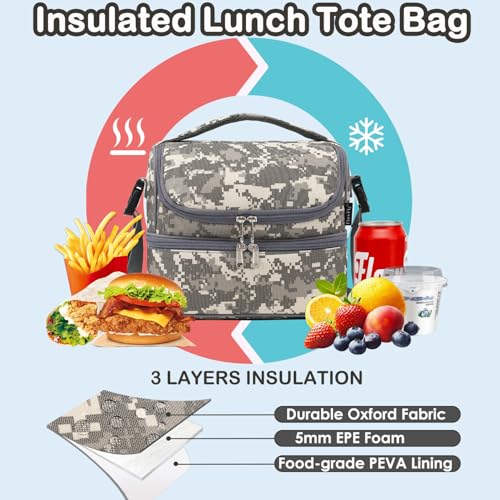 FlowFly Kids Double Decker Cooler Insulated Lunch Bag Large Tote for Boys, Girls, Men, Women, With Adjustable Strap, Digital Camo - color: Digital Camo