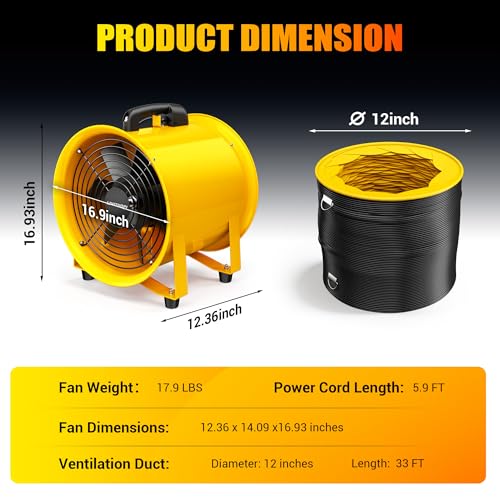 LDHTHOPI 12 Inch Blower Exhaust Fan, 3500CFM & 550W Portable Air Mover with 33ft Flexible Duct, Low-Noise Dust Extractor for Extraction and Ventilation, Yellow - color: Yellow-33