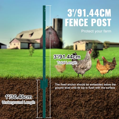 VEVOR 3 Feet Fence Post, 10 Pack U-Channel Heavy Duty Metal Fence Posts with 20 Zip Ties & 20 Clips, Sturdy Steel Fence Stakes for Garden Yard, Lawn, Farms and Outdoor Wire Fencing, Green - size: 3 Feet 10 Pack
