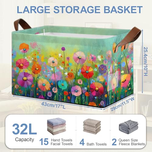 Retro Flowers Floral Storage Basket with Handles,Colorful Collapsible Rectangle Organizer Bin for Room Decoration Books Box Baskets 17x11.5x10Inch - color: Retro Flowers Floral Colorful