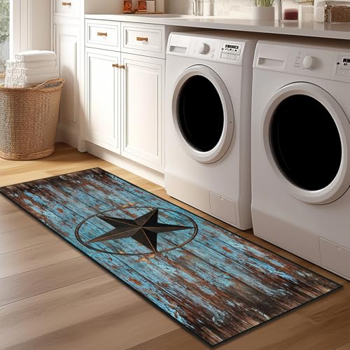 Western Runner Rug 2x6,Rustic Barn Texas Star on Old Wooden Plank,Ultra-Thin Throw Carpet Washable Kitchen Runners Teal Hallway Rug Entrance Door Mat Non Slip Accent Area Rugs for Entryway Laundry - size: 2'x6'