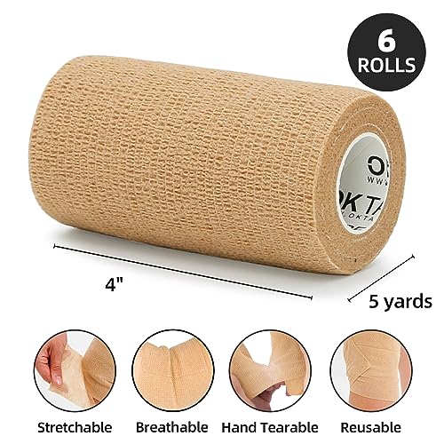 OK TAPE Self Adherent Cohesive Bandages Wrap 6Packs 4" x 5 Yards | Non-Woven Self Adhesive Bandage Wrap for Thumb, Finger, Wrist, Ankle, Vet Wrap Bandages Tape (Beige) - color: Beige/Tan, size: 4 In x 5 Yards