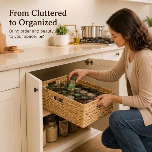 Wicker Storage Basket for Organizing, Handwoven Water Hyacinth Basket with Metal Frame & 3 Handles, 16.5"L x 13"W x 7.5"H