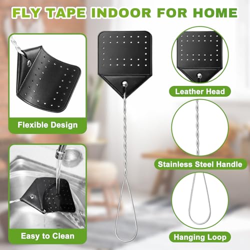 12 Pcs Leather Fly Swatters with 20 Window Sticky Fly Glue Traps, 17'' Heavy Duty Flyswatter with Durable Metal Handle, Disposable Bulk Bug Catcher for Indoor and Outdoor, Home, Kitchen
