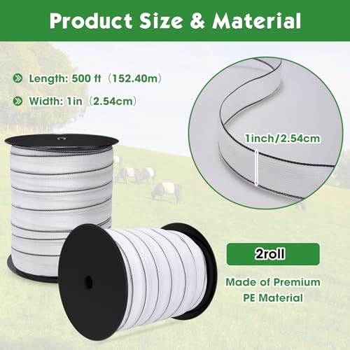 2 Rolls 500 ft x 1 Inch Electric Fence Polytape for Horse Livestock Cattle, High Visibility Electric Fencing Tape for Farm Temporary Horse Fence - size: 500ft X 1in