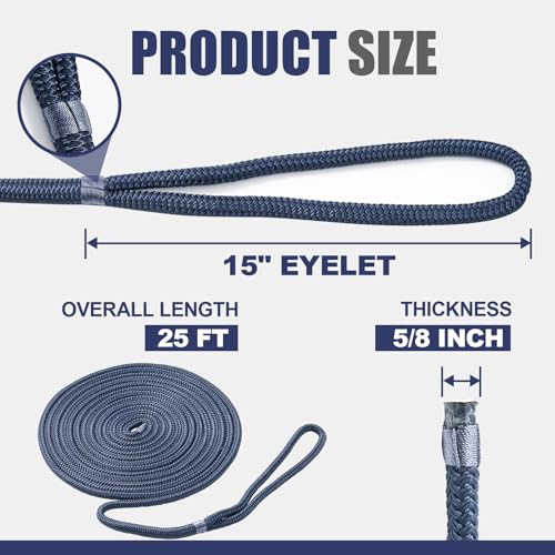 TetherTite Boat Dock Lines 5/8 Inch 20/25/30 Ft,Double Braided Nylon Boat Dock Lines with Loop, Mooring Line Marine Rope (5/8" x26') - size: 5/8"x26'