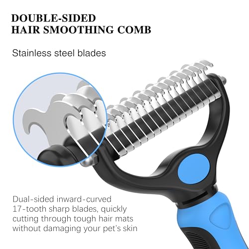 4 Pack Pet Grooming Combo - Blue Deshedding Brush,With Metal Comb,Bath Brush, With Long & Short Stainless Steel Teeth Depilatory Comb For Detangling And Dematting Long, Matted Fur On Cats And Dogs