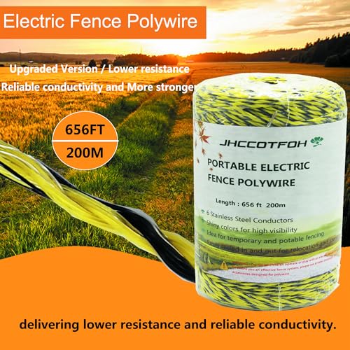 Electric Fence Polywire 656 Feet, 200 Meters 6 Conductors Portable Electric-Fence Rope for Reliable Conductivity and Rust Resistance - size: 656 Feet