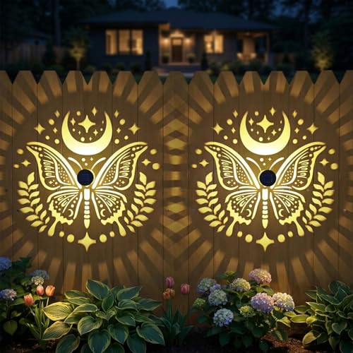 Gardsee Solar Fence Lights Outdoor 2 Pack Deck Step Wall Lights Butterfly Metal Waterproof LED Warm Yellow Light for Garden Post Patio Backyard Yard Decor (Black 1) - style: black 1