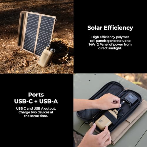 NESTOUT Portable Solar Panel, USB-C and USB-A Ports, 14W Solar Charger for Camping, Water Repellent Ripstop Nylon, Foldable Compact Design, Digital Ammeter, Adjustable Stand, Beige (2 Panel) - color: Beige 2-Panel (Upgraded)