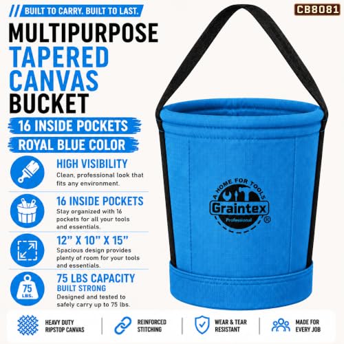 Graintex Canvas Utility Bucket 12"x10"x15". Tapered Tool Bucket, Reinforced Base & Carry Handle, Ripstop Canvas, Multi-Purpose Bag for Jobsite, Gardening, Home Use - Royal Blue - color: Royal Blue