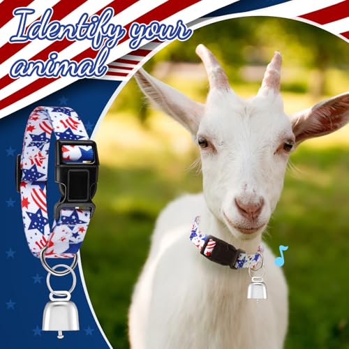 2 Pack Patriotic Goat Collars with Bells, Red White Blue Adjustable Nylon Sheep Collar 13.7-20.5 in, Loud Copper Bell Grazing Collar for Goats Lambs Sheep Calves Accessories - style: Independence Day