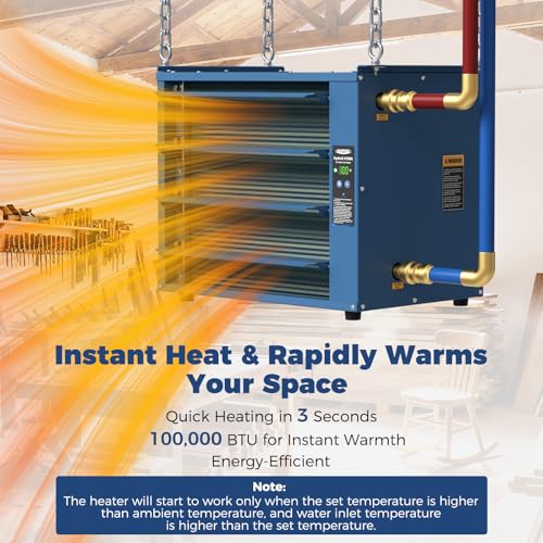 ALORAIR 100,000 BTU Hydronic Hanging Heater, HydroX H100A, Copper Tube | 2 Connection Types, Energy-Efficient Heating, Quiet 1000CFM Blower, Hot Water & Steam Compatible, Garage/Warehouse Heater
