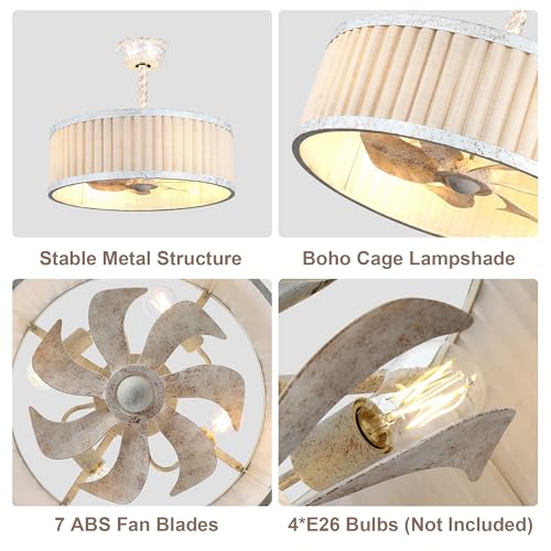 20'' White Boho Ceiling Fan with Lights Remote Caged Fandelier | Small Enclosed Fandalier, Modern Chandelier for Bedroom Nursery Living Room, Reversible 6 Speeds, E26 Bulbs (Not Included) - color: White Cage