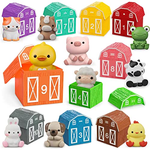 Farm Animal Toys for Toddler 1-3 Year Old, Montessori Toy Gift for Boy Girl | 10 Farm Animal Toys & 10 Barns, Counting, Matching & Sorting Educational Sensory Toys, Christmas Birthday Gift for Baby 1-3 - style: Farm
