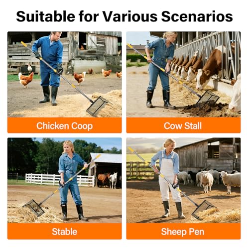 AsFrost 2-in-1 Chicken Poop Scooper & Rake for Chicken Coop | 12" Heavy Duty Litter Scooper Sand Sifting Shovel, Adjustable 26" to 76" Stainless Steel Handle for Small Farm & Sand