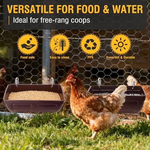 2 Pack Hanging Chicken Feeder Trough for Goat,Sheep,Dog.Livestock Feeding Container Goats Supplies Feeders Waterer Bucket (Brown)