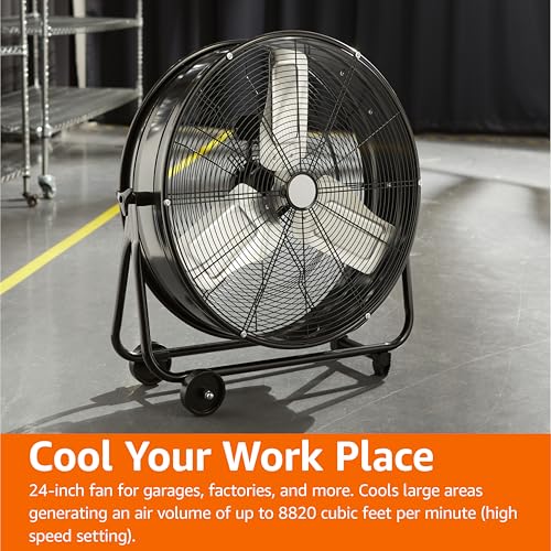 Amazon Basics 24" 215W High-Velocity, Heavy-Duty Industrial Fan, Drum Fan, with UL-Certified Safety Compliance, 2 Speeds, Up to 8820 CFM, 5.9-ft Power Cord, 2 Wheels, Metal Housing/Blades, Black - size: 24-inch