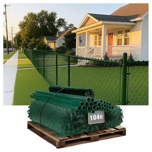 Fencer Wire 9 Gauge Durable Green Vinyl Coated Chain Link Fence Kit, Complete Fencing DIY Set w/Fence Fabric, Gate, Posts, Top Rails & Hardware for Yard, Garden & Animal Enclosures (4ft. x 104ft.) - color: Green, size: 104 FT