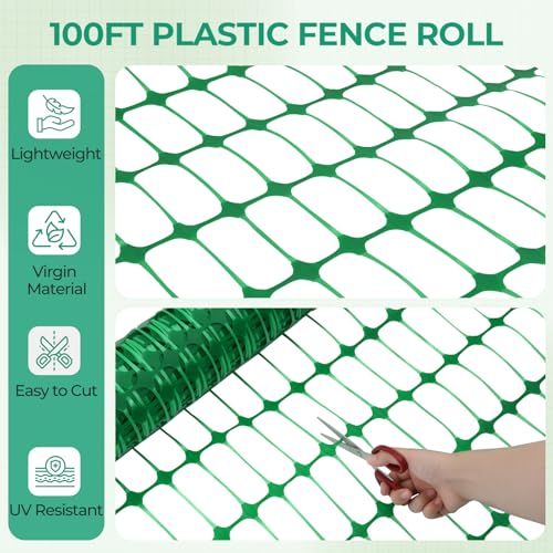 Ohuhu 3.4'x100' Plastic Garden Fence Safety Fence with 16MM Thicker Stakes | Reusable HDPE Garden Fence Roll with 25Pcs 4FT Stakes, Temporary Fence for Animal Barrier Construction Snow Fence Poultry Dog - color: Green