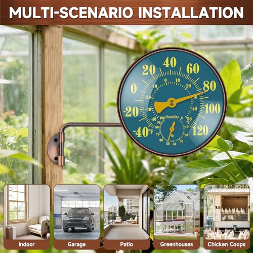 6 Inch Outdoor Thermometer and Humidity Gauge, Brass Analog Dial | Window Thermometer for Outside Temperature & Humidity Monitor, Battery Free for Patio Garage Greenhouse Garden Wall - color: Green, size: 6 Inch