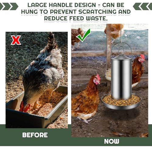 Reallnaive 2 Pack 10 Lb/2 Gallon 304 Stainless Steel Chicken Feeder, Metal Hanging Poultry Feeder No Waste for Ducks, Hens, Heavy Duty Coop Feed Outdoor