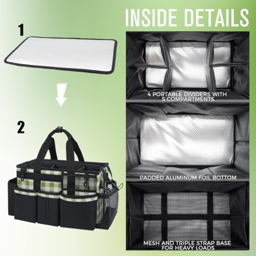 SCAVATA Wearable Cleaning Caddy, Cleaning Caddy Supplies Organizer with Handle & Shoulder Straps for Housekeepers, Under Sink & Car Cleaning Tool Organizers Bag with 4 Foldable Divider (GreenPlaid) - color: GreenPlaid