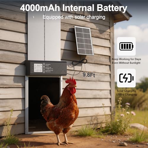 Large Automatic Chicken Coop Door Solar Powered with Timer & Light Sensor | 4000MAh Internal Battery, Automatic Coop Door with Remote & Anti-Pinch Function, Automatic Chicken Door Made of Al-Alloy - color: Grey