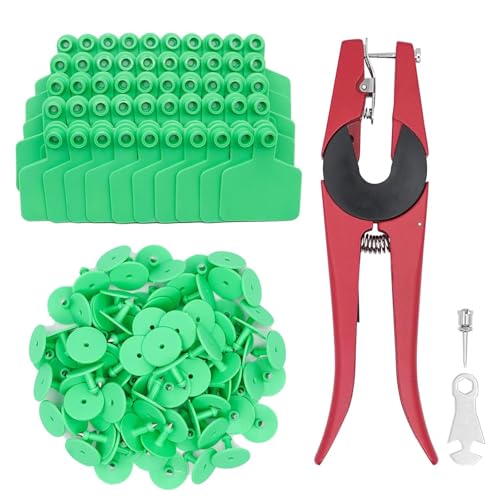 LIUCOGXI Blank 100 Pieces Livestock Ear Tags and Applicator Kit for Cattle, Pig, Horse, Camel etc., Oval, TPU, Green/Yellow/Blue/Orange, 100 Sets with Automatic Lock | TPU Livestock Ear Tag Kits Animal Identification with Ear Tag Applicator (Green) - colo