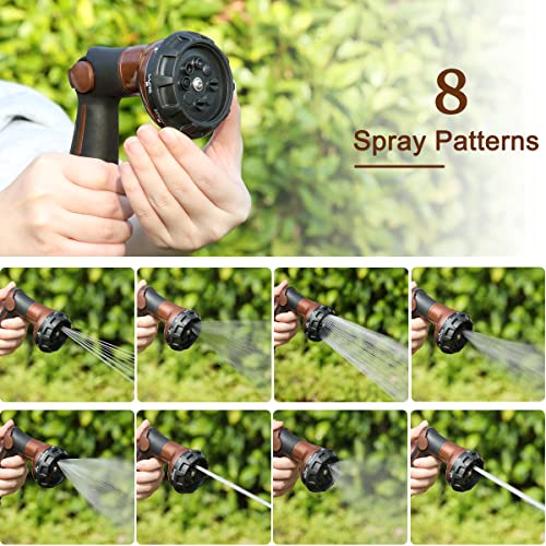 FANHAO Heavy Duty Garden Hose Nozzle, Metal Hose Sprayer Easy Thumb Control | 8 Spray Patterns, Rustproof Water Nozzle, Non-Slip Ergonomic Grip, Elder & Child Friendly for Garden, Car & Pet, Brown - color: Brown