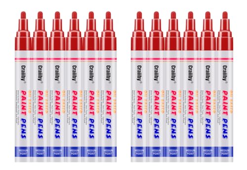 Red Paint Markers, 12 Pack Oil-Based Waterproof Quick Dry Permanent Paint Pen Set for Rocks Painting, Wood, Fabric, Plastic, Canvas, Glass, Mugs, Metal, Tire, Stone, DIY Craft - color: Red