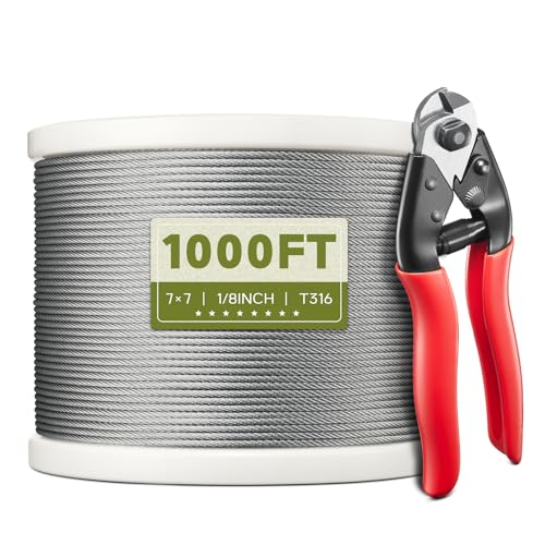 1000FT 1/8" T316 Stainless Steel Cable for Railing, 7x7 Wire Rope | Marine-Grade T316 SS, High Strength, Flexible for Deck Cable Railing System Kit, DIY Balustrades, Comes with a Cutter - size: 1000 ft