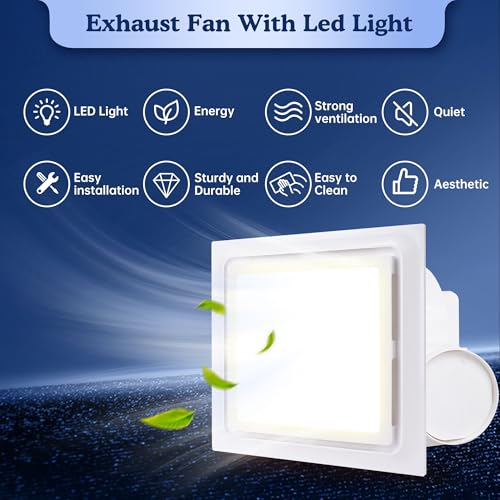 Bathroom Fan With Light 13.4 in Panel,180 CFM,1.0 Sones,12" Ceiling Mount | Large Bathroom Exhaust Fan|High cfm Extractor Fan|Easy Retrofit|Ceiling Fixtures|Bath Ventilation|For Kitchen Household Attic