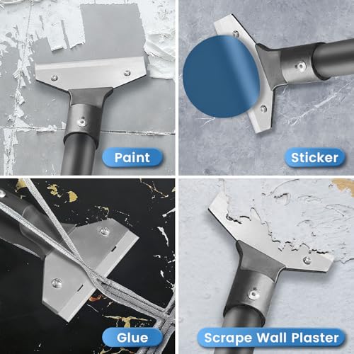 Floor Scraper Long Handle, 31"- 58" Razor Blade Floor Scraper Heavy Duty Tool with 10 Blades for Cleaning Wall Razor Glass Wall Gum Paint Tile Glue Adjustable Metal Pole (58)