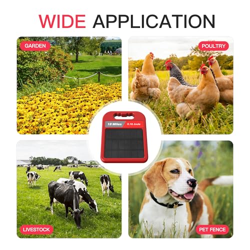 10 Mile Solar Fence Charger 0.18J Electric Fence Energizer with Day Night Mode 24-Hour Protection Red - size: 0.18J-Red