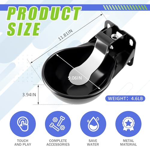 1 Pcs 2.5 L/ 0.66 Gal Automatic Livestock Waterer, Heavy Cast Iron Push-Paddle Water Trough, Black Stainless Steel Livestock Water Bowl for Horse Cattle Goat Pig 11.8 x 9.06 x 3.94 Inch