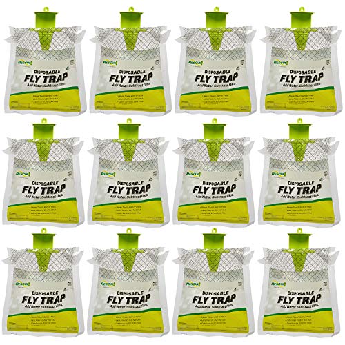 RESCUE! Outdoor Disposable Fly Trap – Hanging Fly Catcher with Attractant Bait, Fly Bag for Patio, Yard, Trash & Farm Areas – Easy-to-Use Outdoor Fly Control - 12 Traps