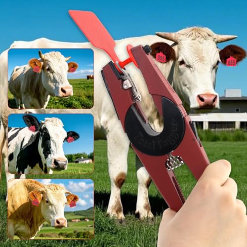 Cattle Ear Tags 001-100, 100Pcs Plastic Livestock Ear Tag for Cows Goats Sheep Pigs with Pliers Applicator & 2 Pins, Animal ID Tags for Ranch Farm Herd Tracking, Laser Print (001-100, Red) - color: Red