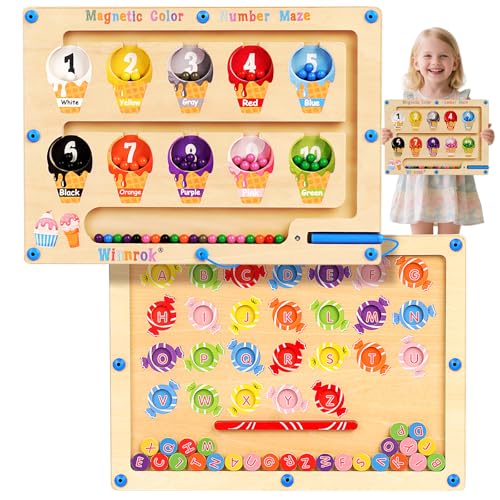 2 in 1 Magnetic Color and Number Maze, ABC Alphabet Puzzles Board Magnet Ice Cream Toys, Montessori Educational Magnet Puzzle, Preschool Learning Counting Toys for 2 3 4 5 Birthday Gifts