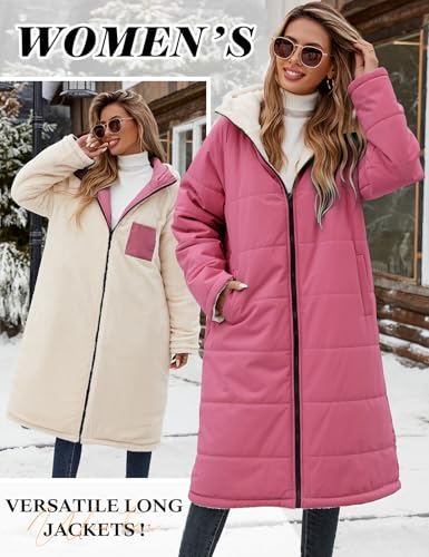 Yusongirl Women's Reversible Long Winter Puffer Coat with Hood and Fleece | Two wearable sides for winter commutes, school runs and city errands, with quilted warmth, soft fleece, a hood and pockets - color: Brick Red, size: X-Large