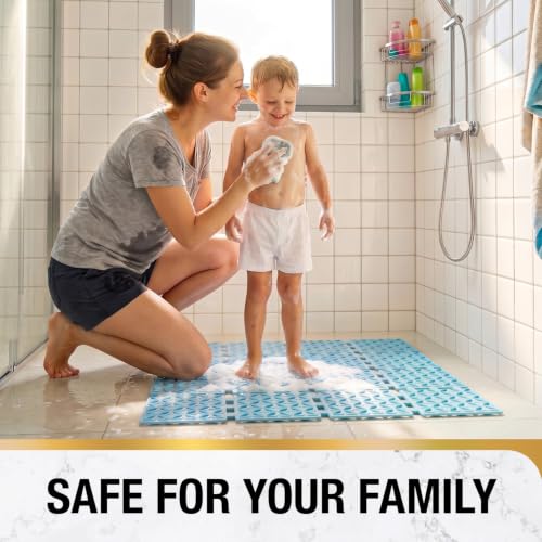 HITSLAM Shower Mat Anti Slip, 24x24 Inch Cut to Fit No Odor Soft TPE Shower Stall Mat, Square Bath Mat with Suction Cups and Drain Holes, Soft on Feet, Blue - color: Blue